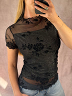 Y2K fairy whimsical black mesh floral top (M)