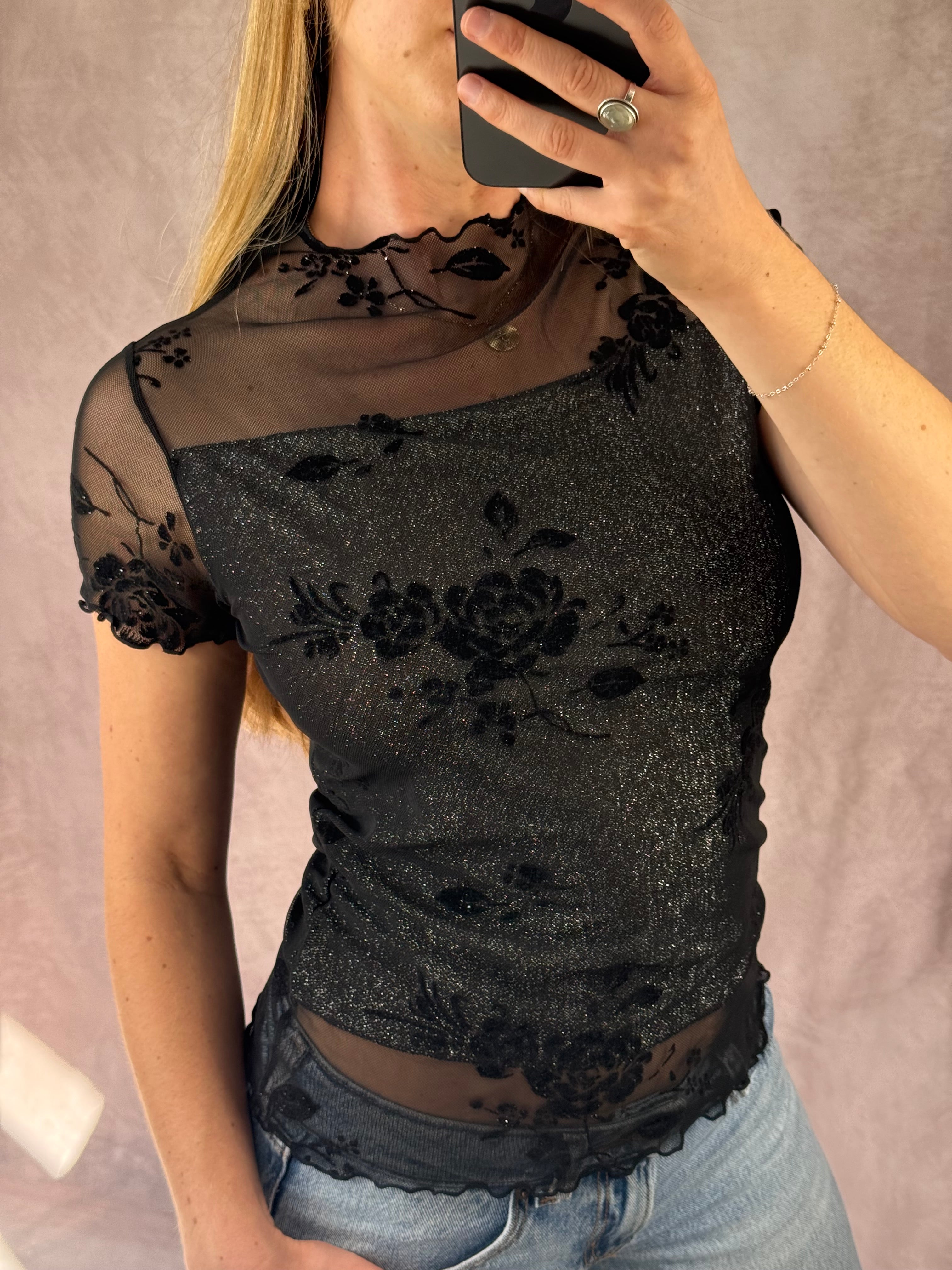 Y2K fairy whimsical black mesh floral top (M)
