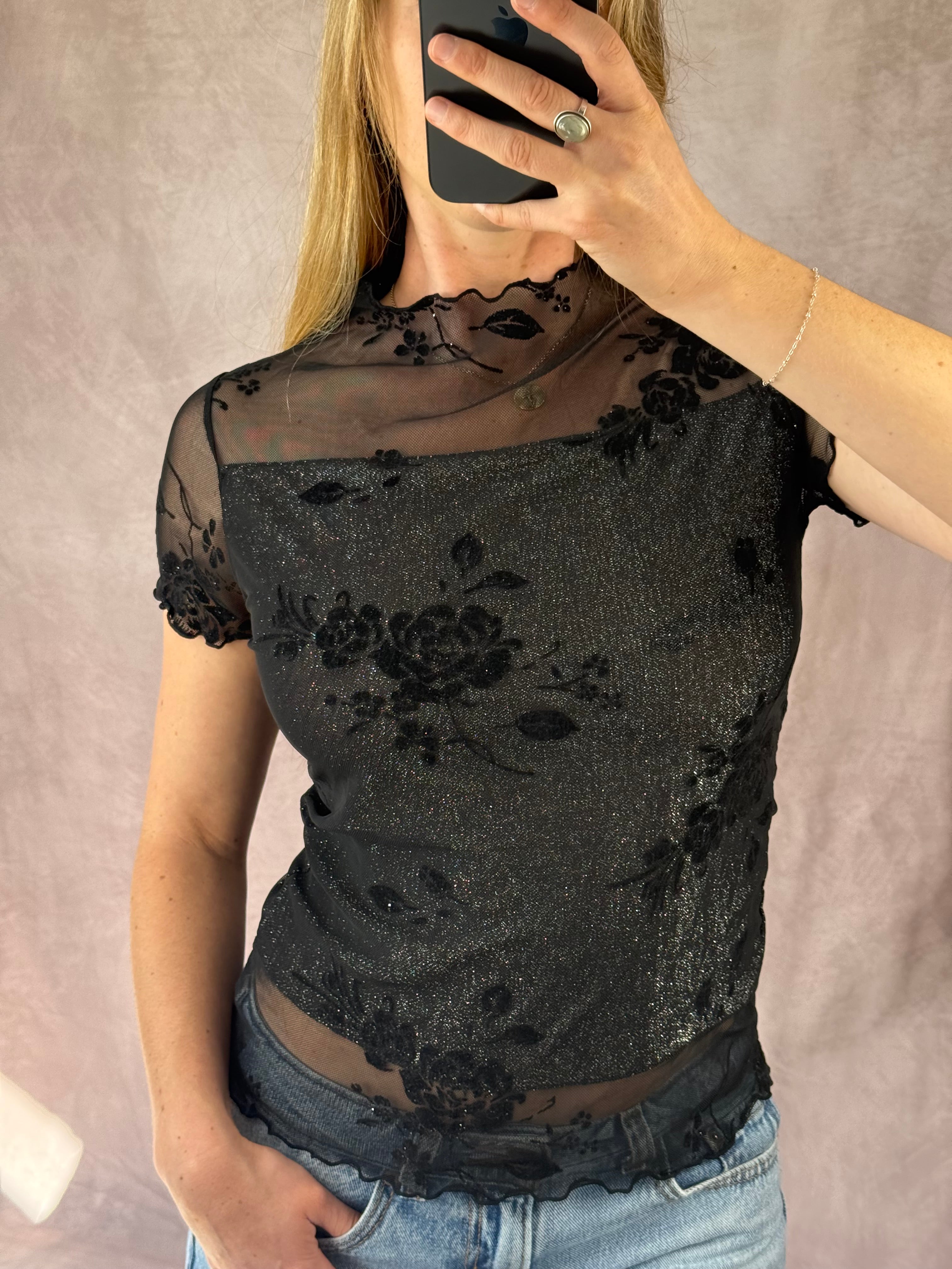 Y2K fairy whimsical black mesh floral top (M)
