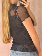 Y2K fairy whimsical black mesh floral top (M)