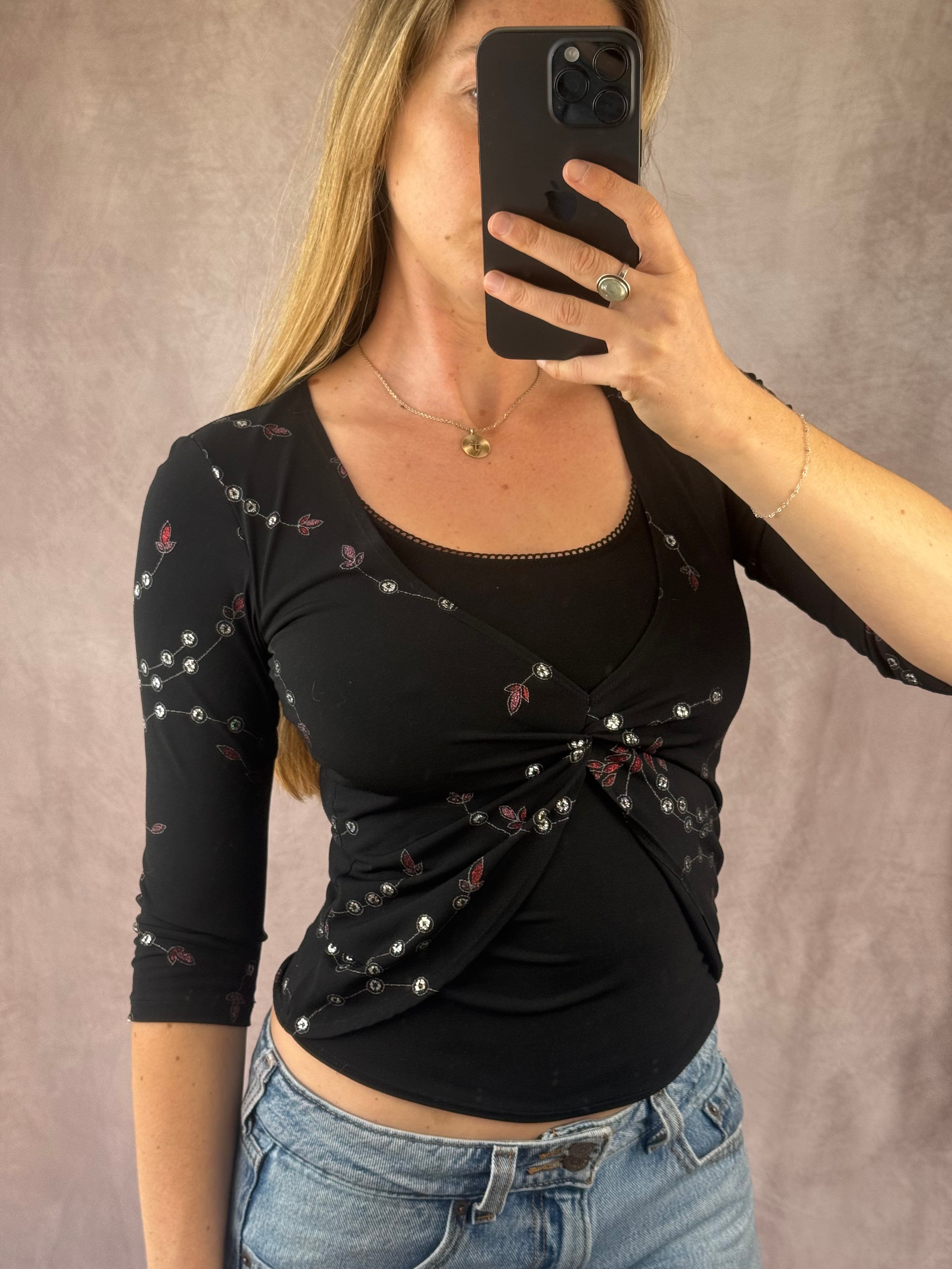 Y2K fairy whimsical black sequenced top (S)
