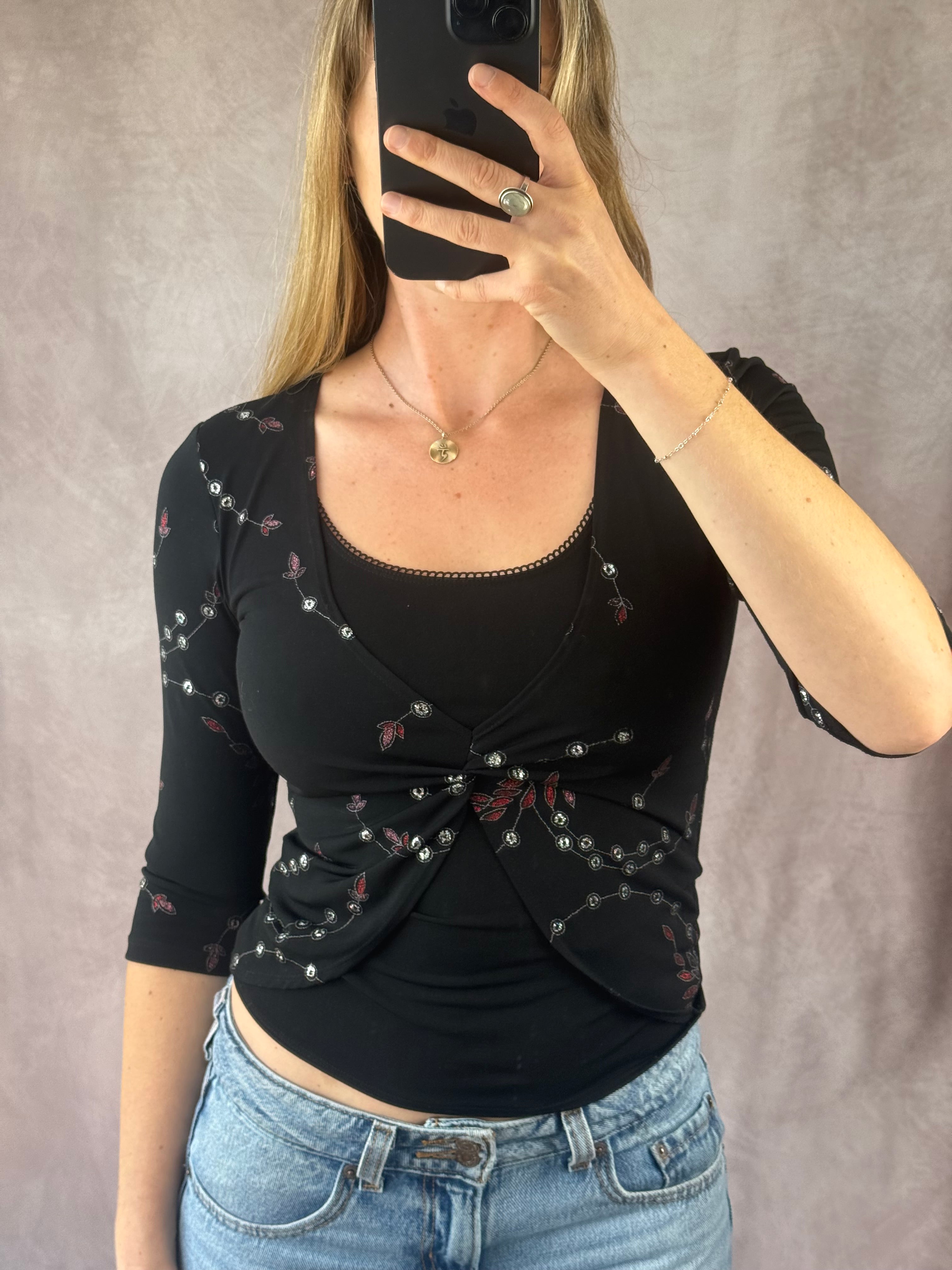Y2K fairy whimsical black sequenced top (S)