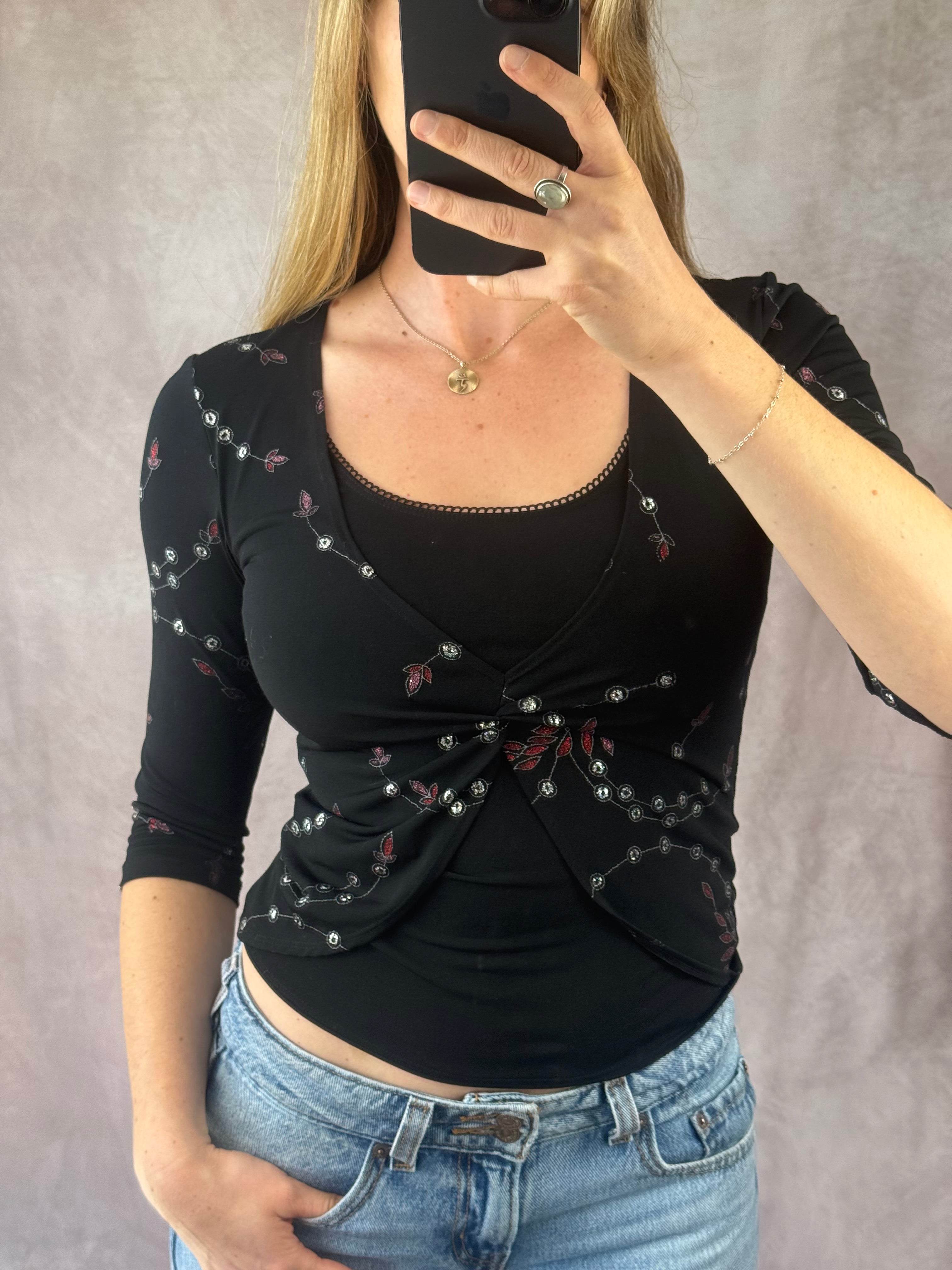 Y2K fairy whimsical black sequenced top (S)