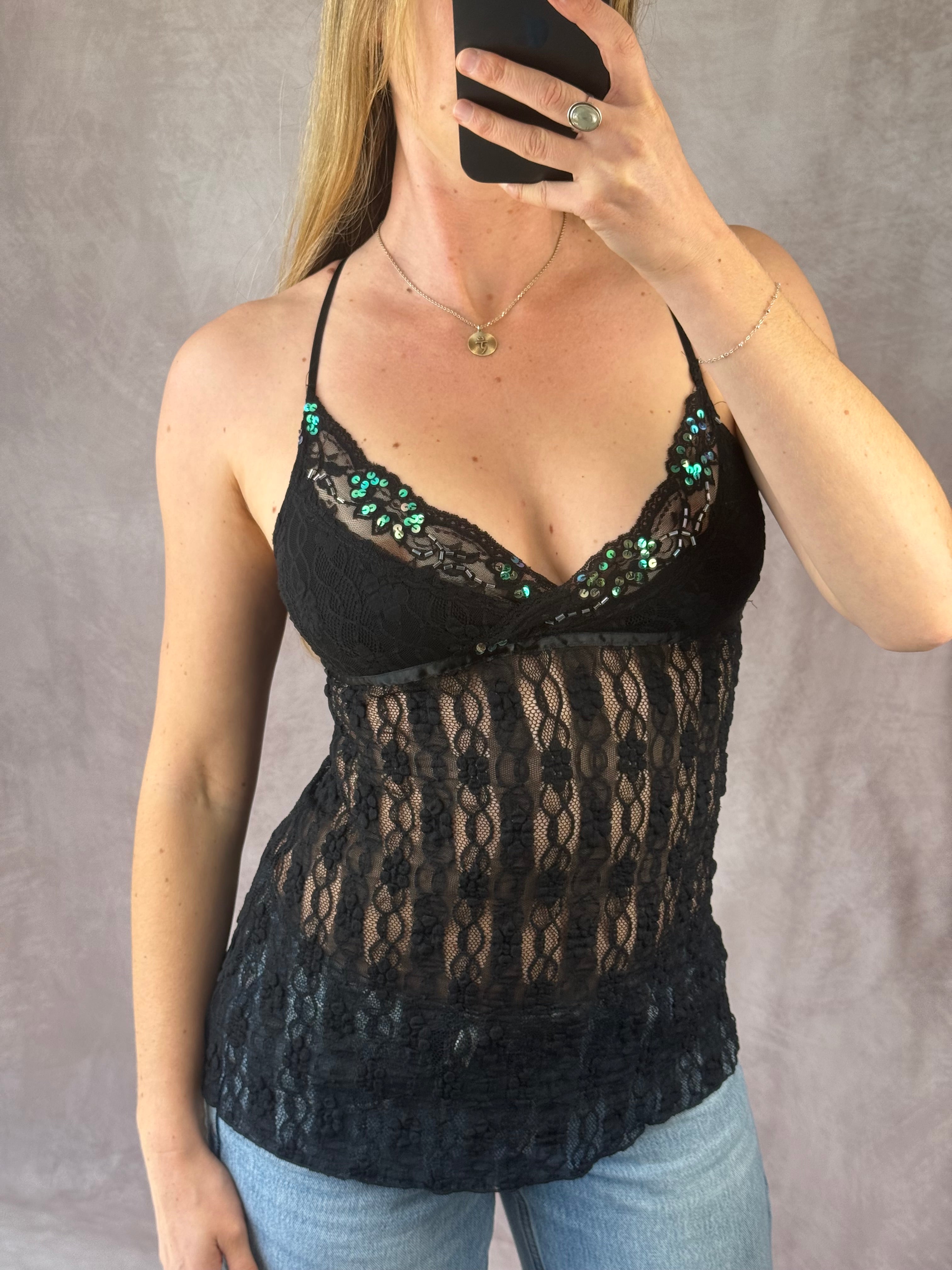 Y2K fairy whimsical black sequenced top (S)