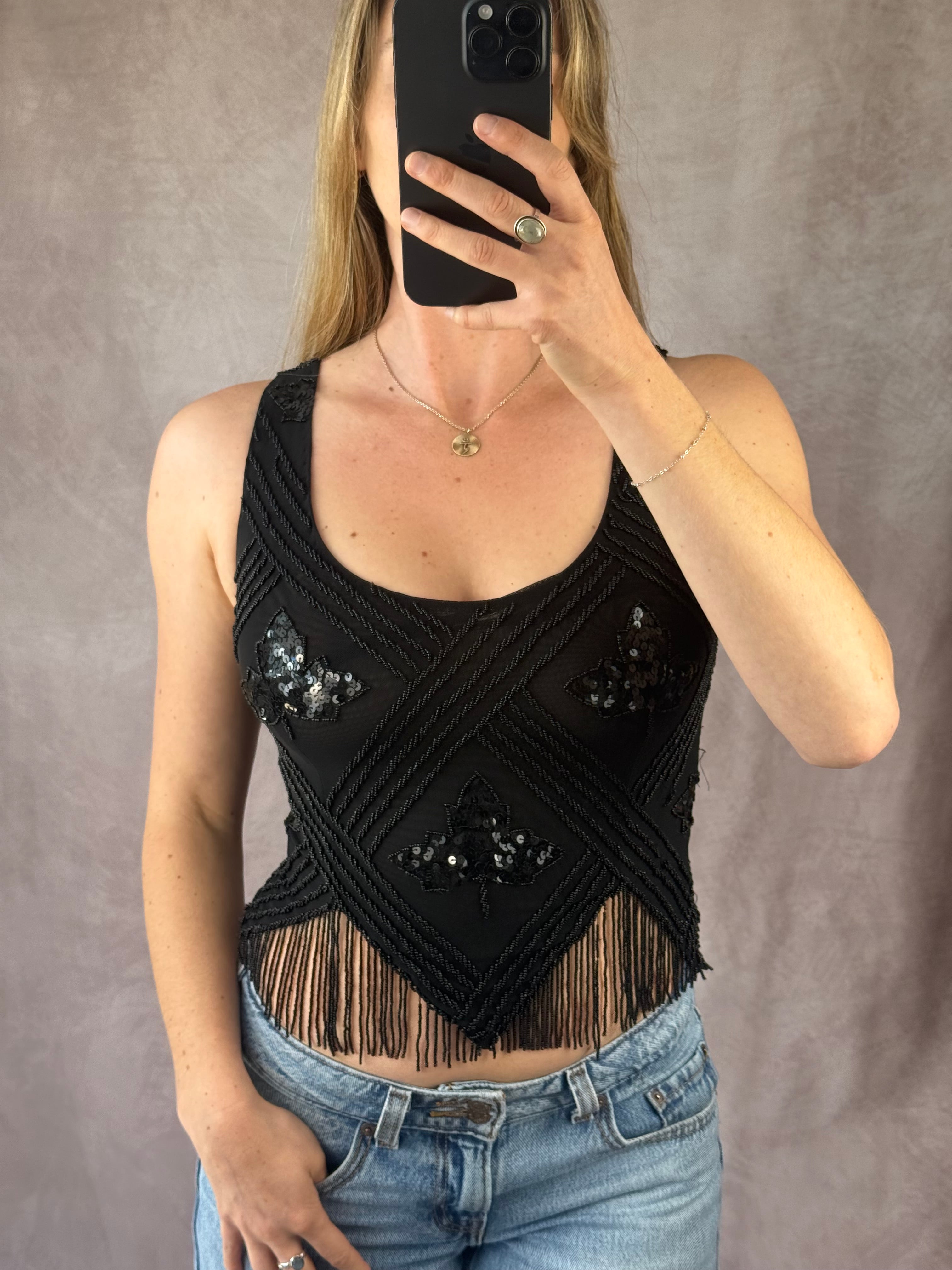 Y2K fairy whimsical black sequenced top (M)
