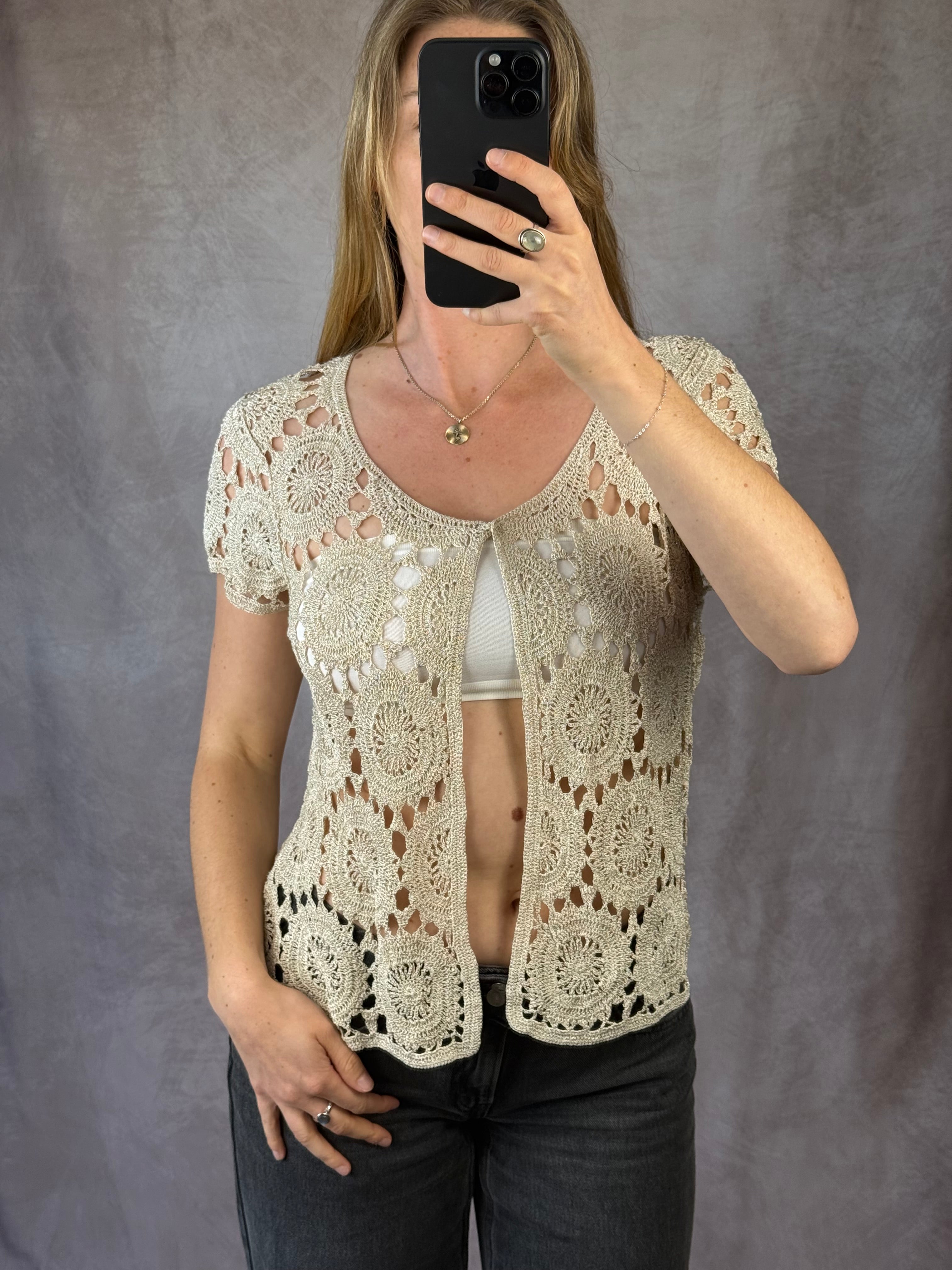 Y2K fairy whimsical gold patterned blouse (L)