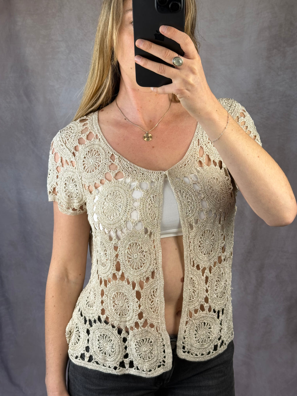 Y2K fairy whimsical gold patterned blouse (L)