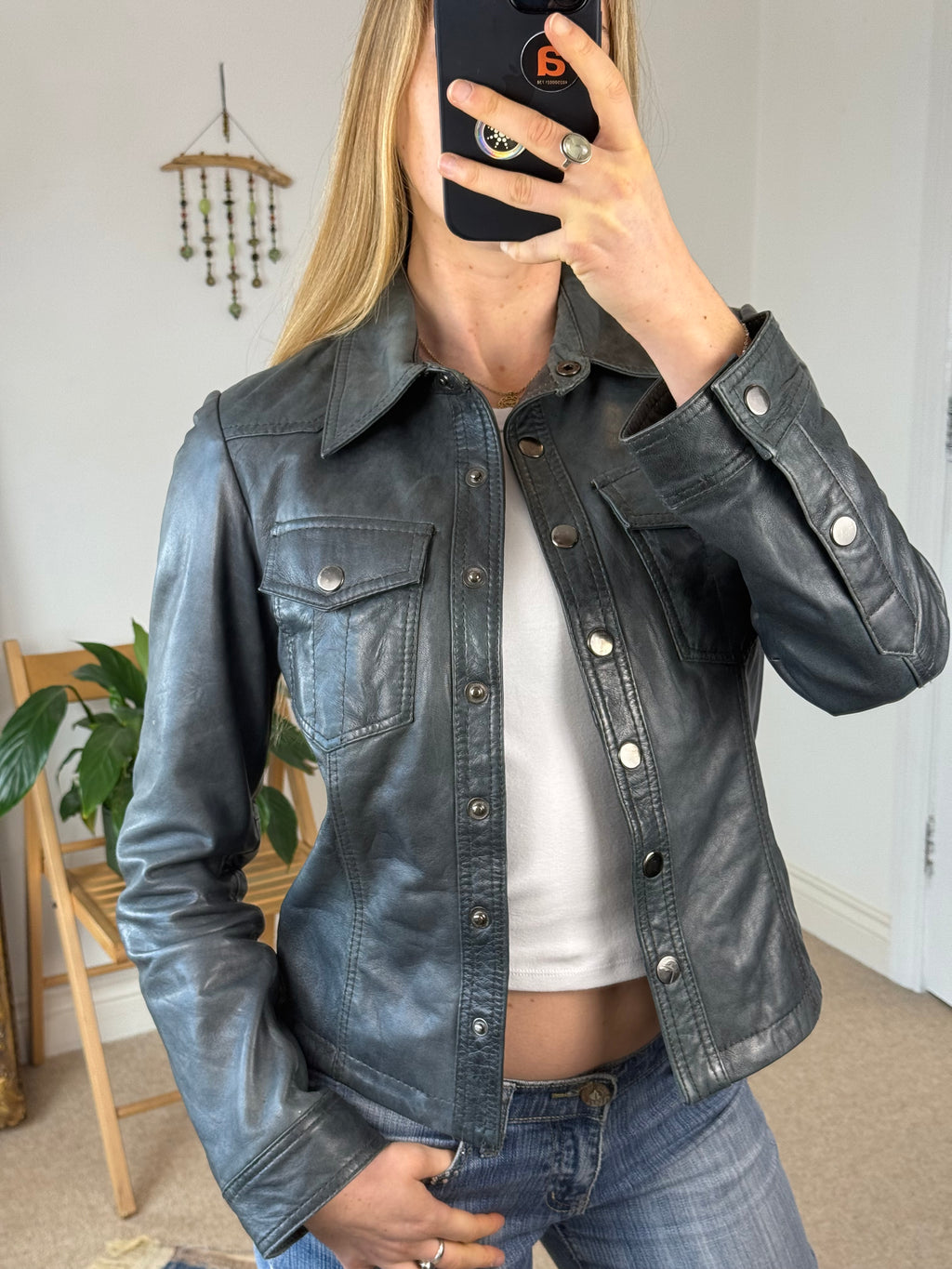 90's Y2K Smokey Blue Vintage Leather Jacket