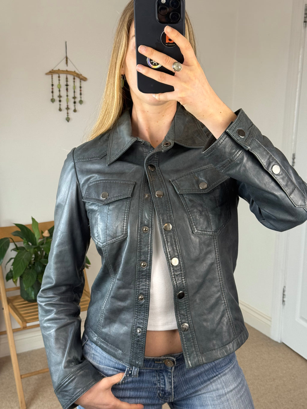 90's Y2K Smokey Blue Vintage Leather Jacket