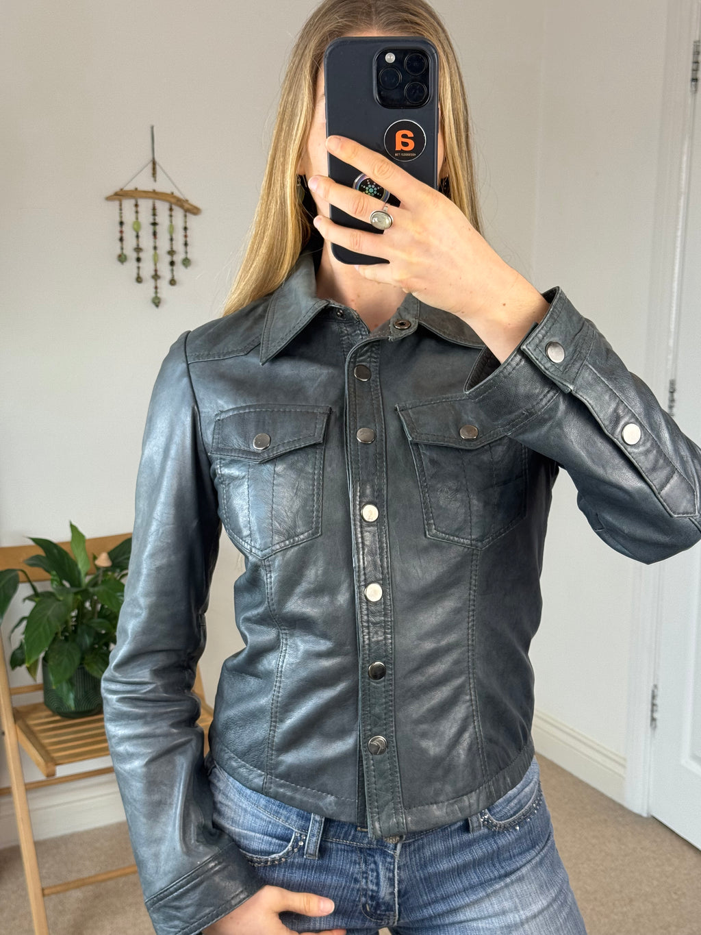 90's Y2K Smokey Blue Vintage Leather Jacket