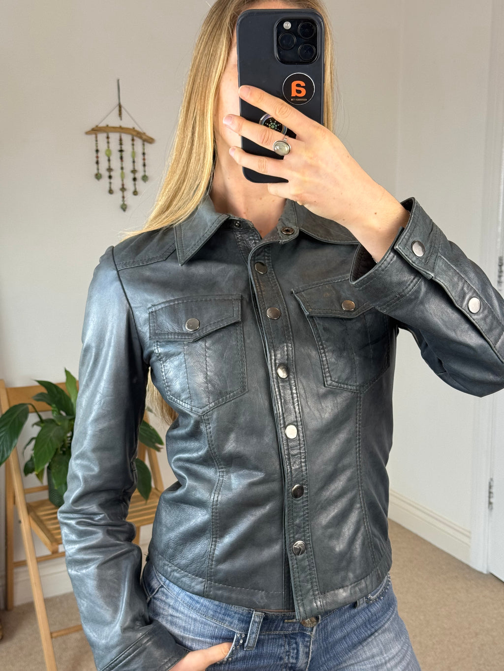 90's Y2K Smokey Blue Vintage Leather Jacket