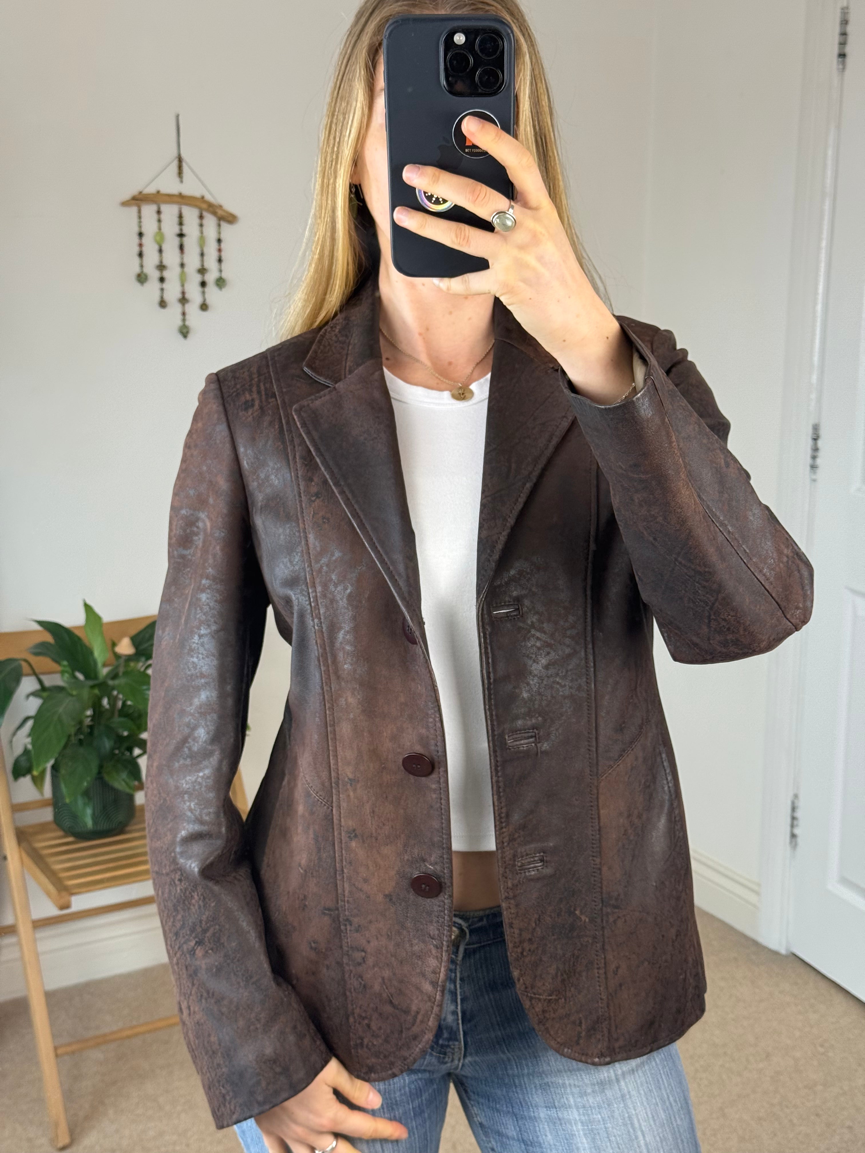 Brown Vintage Leather Jacket – Minimal 90s Tailored Chic