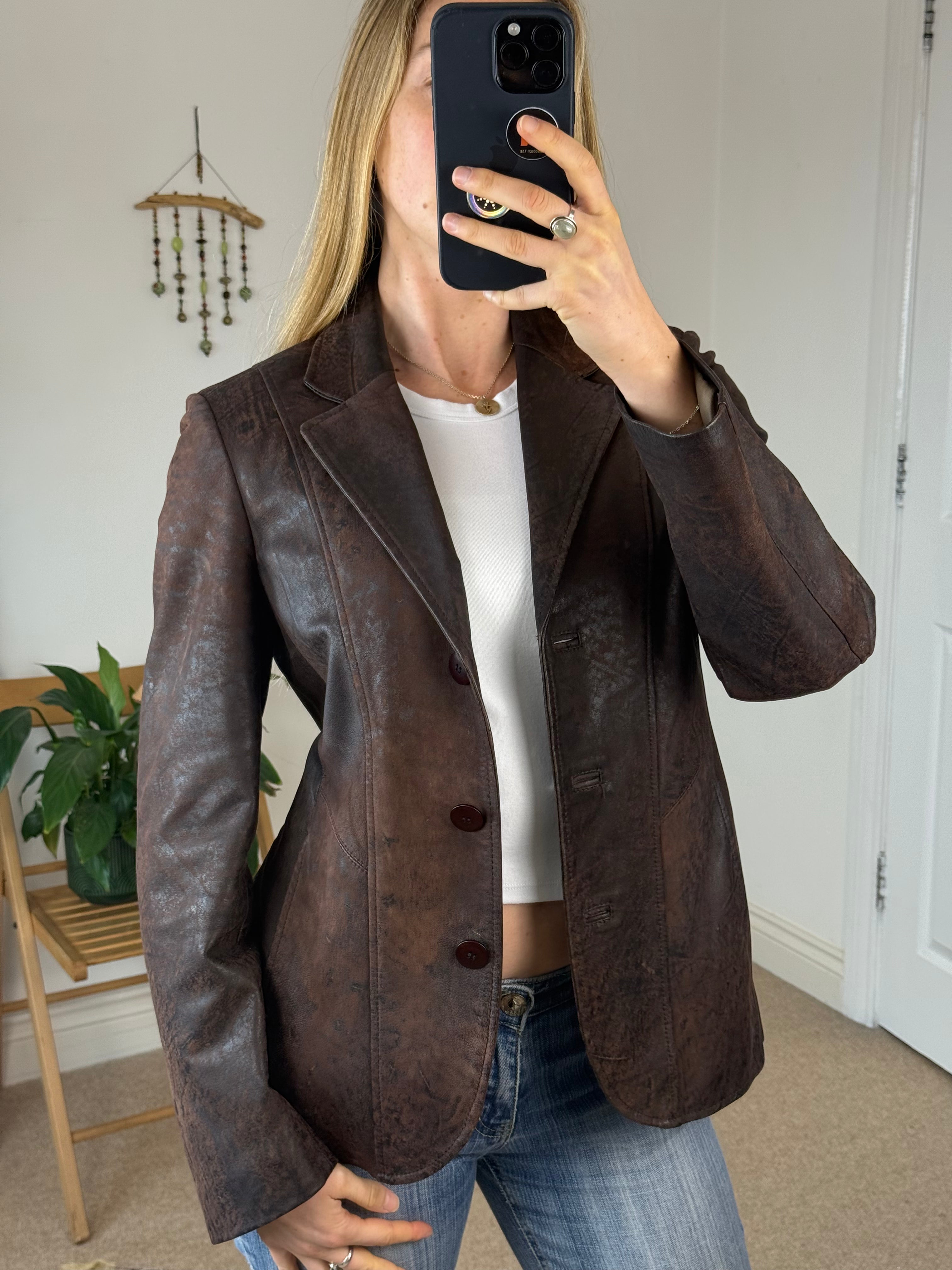 Brown Vintage Leather Jacket – Minimal 90s Tailored Chic
