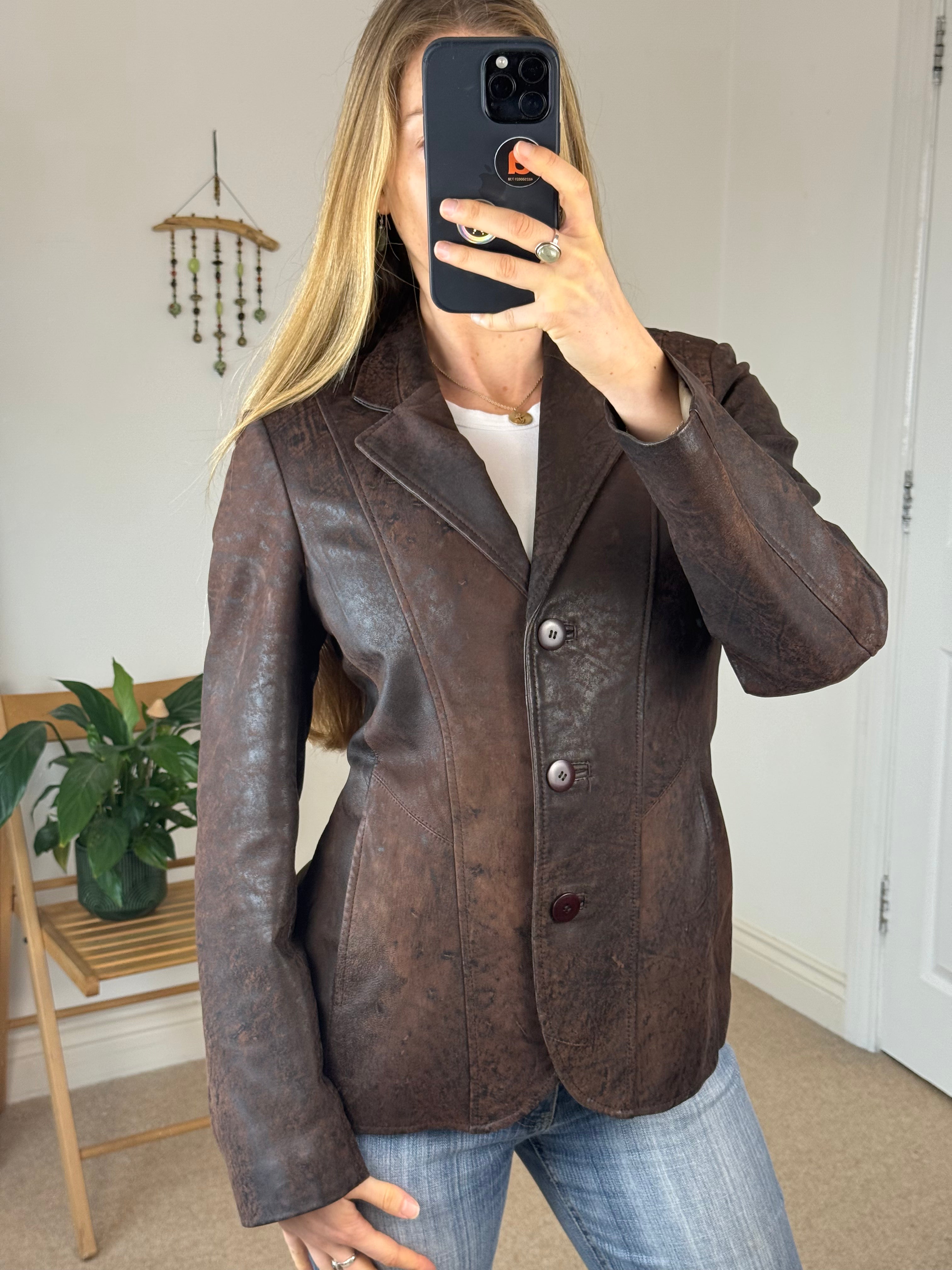 Brown Vintage Leather Jacket – Minimal 90s Tailored Chic