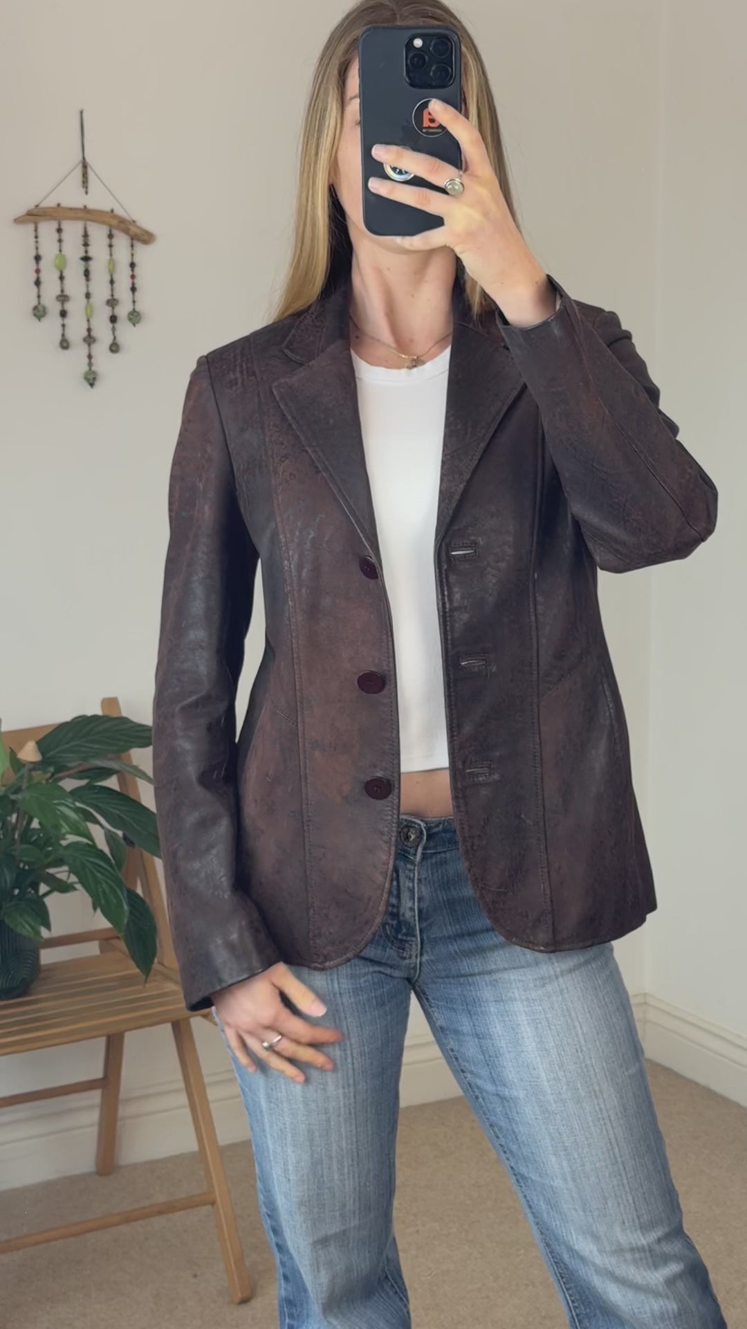 Brown Vintage Leather Jacket – Minimal 90s Tailored Chic