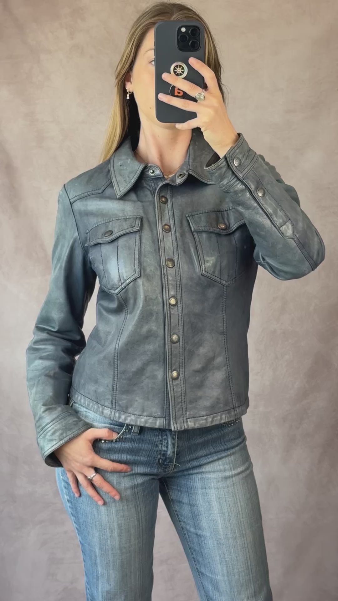 Vintage Y2K smokey blue leather biker jacket (L)