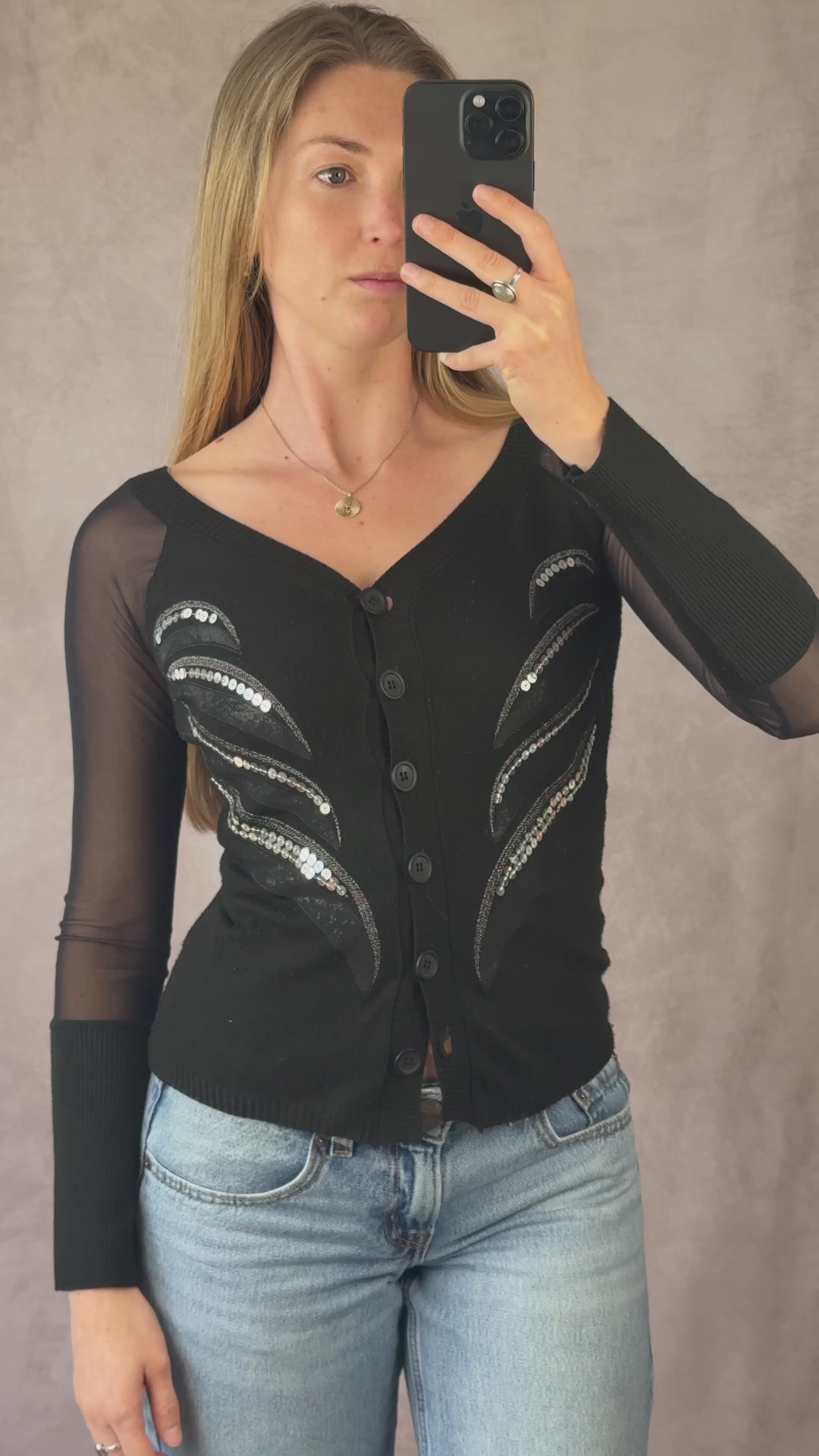 Y2K fairy whimsical black sequenced top (S)