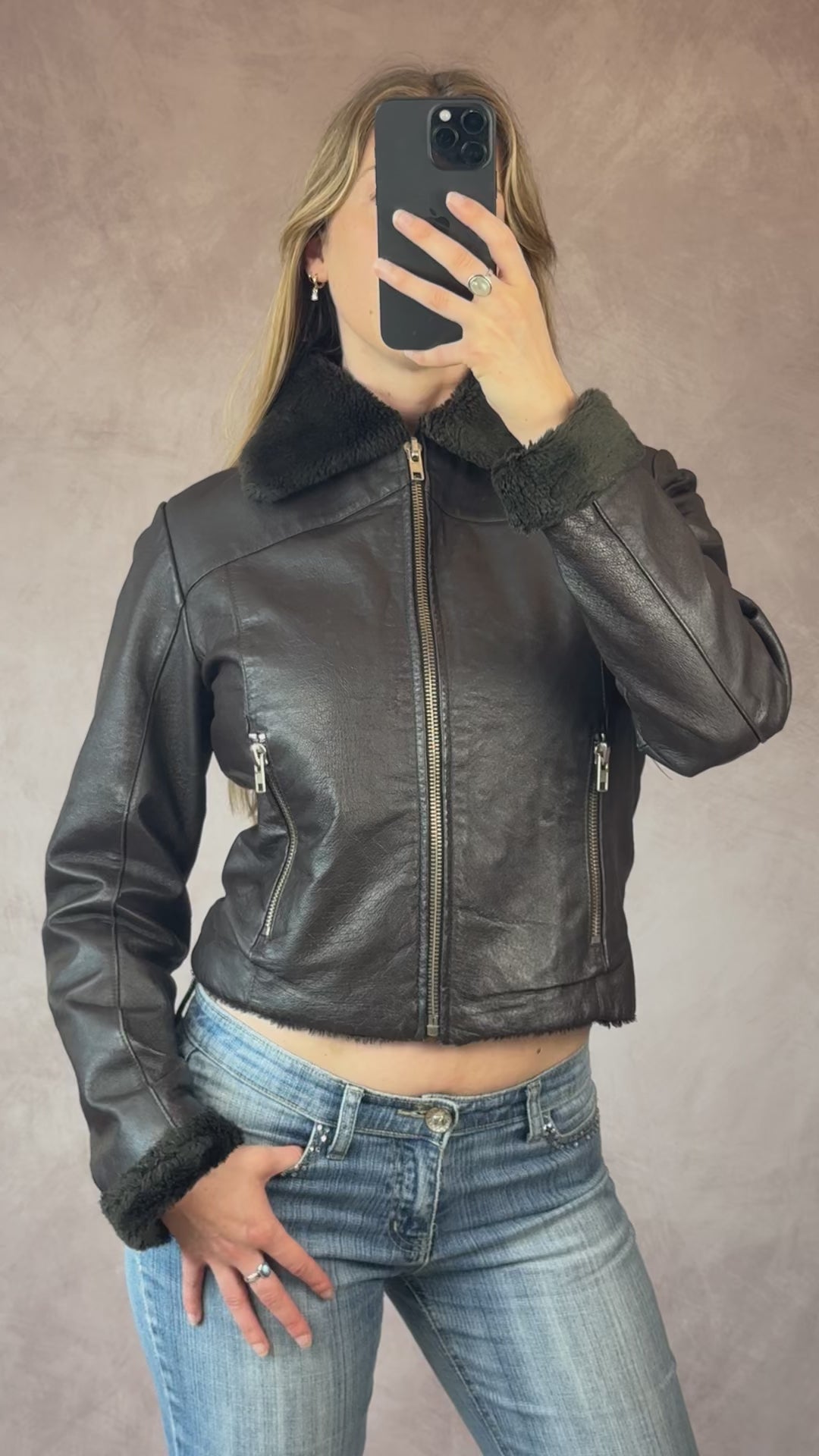 Y2K vintage faux fur aviator jacket (M)