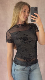 Y2K fairy whimsical black mesh floral top (M)