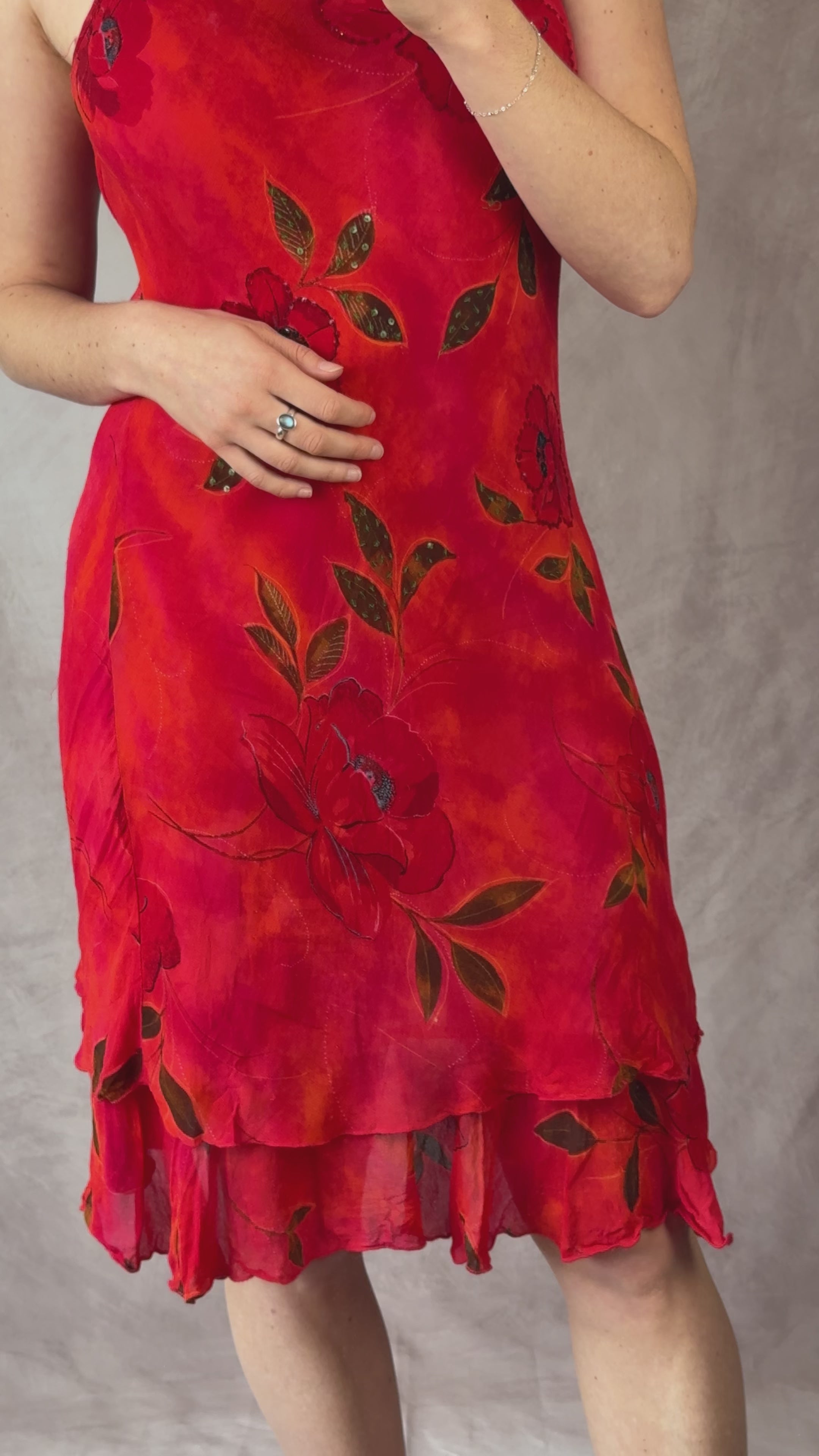 90's Y2K red vintage sequinned floral dress (M)